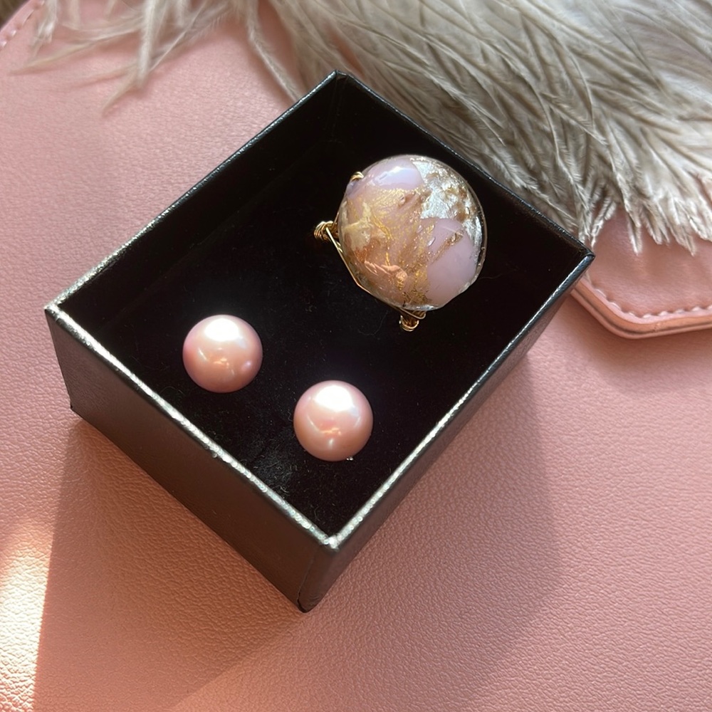 Pink Pearl Earrings & Glass ring Handmade Artisan Y2K gold - Picture 3 of 8